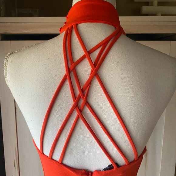 Bebe Bright Red Halter Cocktail Midi Dress Criss Cross Back S Bodycon Sexy - Picture 5 of 8
